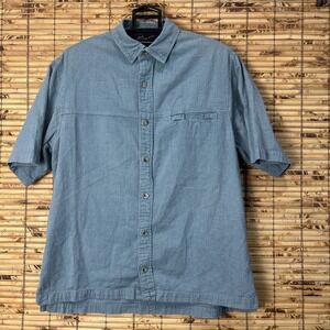 Woolrich Shirt Mens M Blue Short Sleeve Button Down Textured Cotton Hiking Gorp